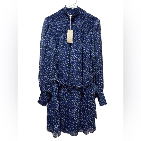 Boden Mara Bramble smocked blue long sheer sleeves dress Anthropologie Size 8 - Picture 3 of 9